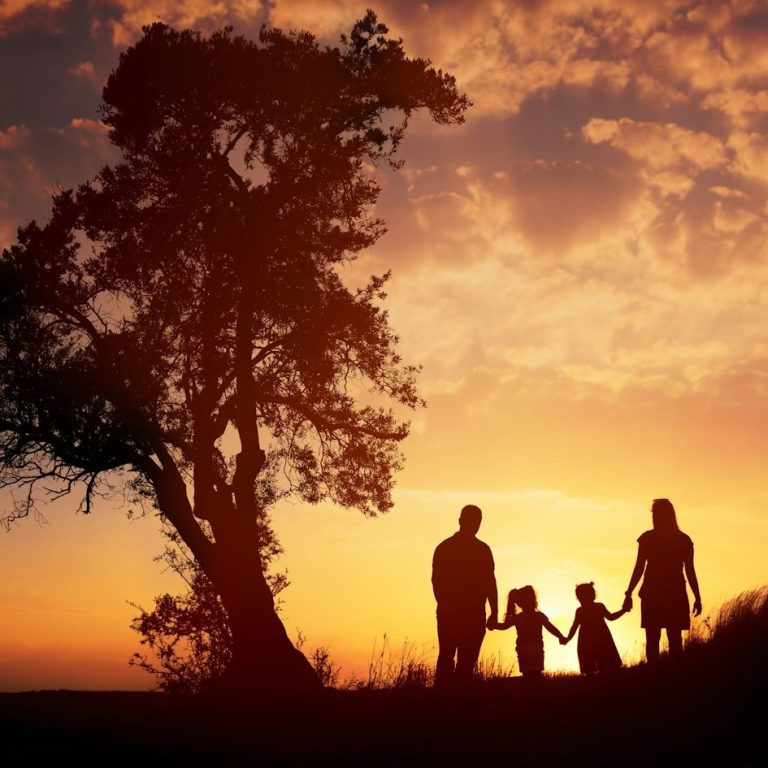 Familie hält sich an den Händen vor einem Sonnenuntergang mit einem Baum im Hintergrund.