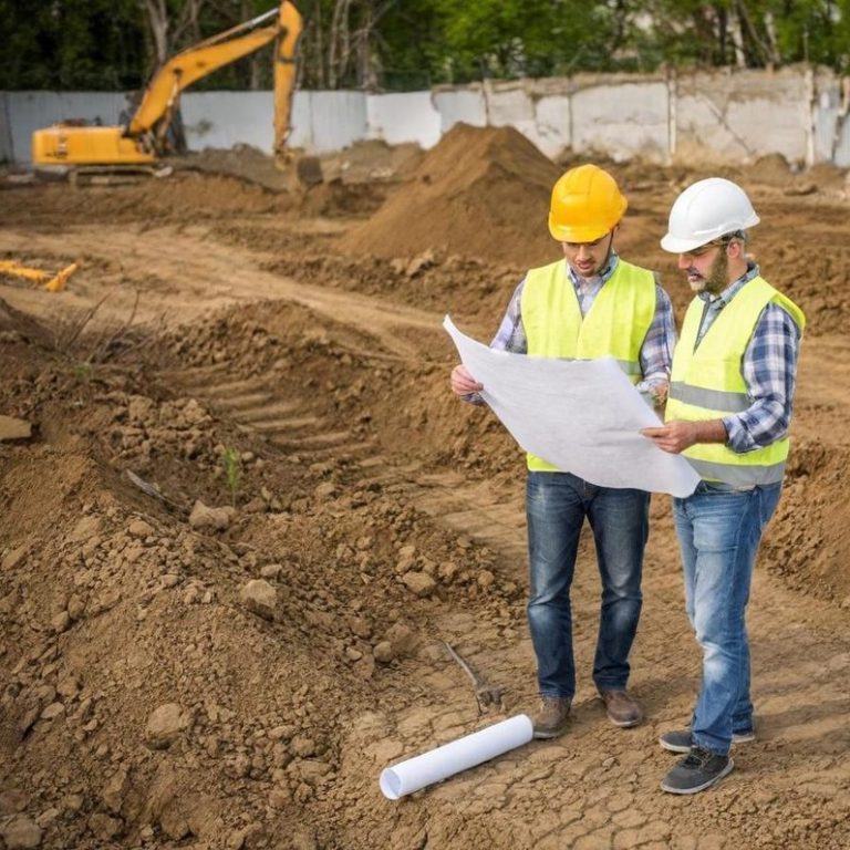Zwei Bauarbeiter mit Helmen und Westen betrachten Baupläne auf einer Baustelle.